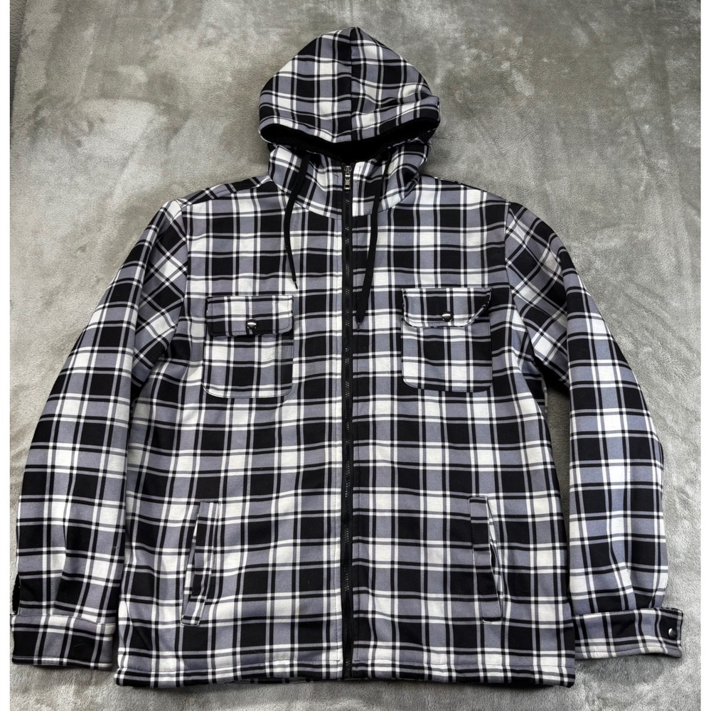Unbranded Plaid Hooded Jacket Mens XL Black‎ White Good Sherpa Lined Full Zip